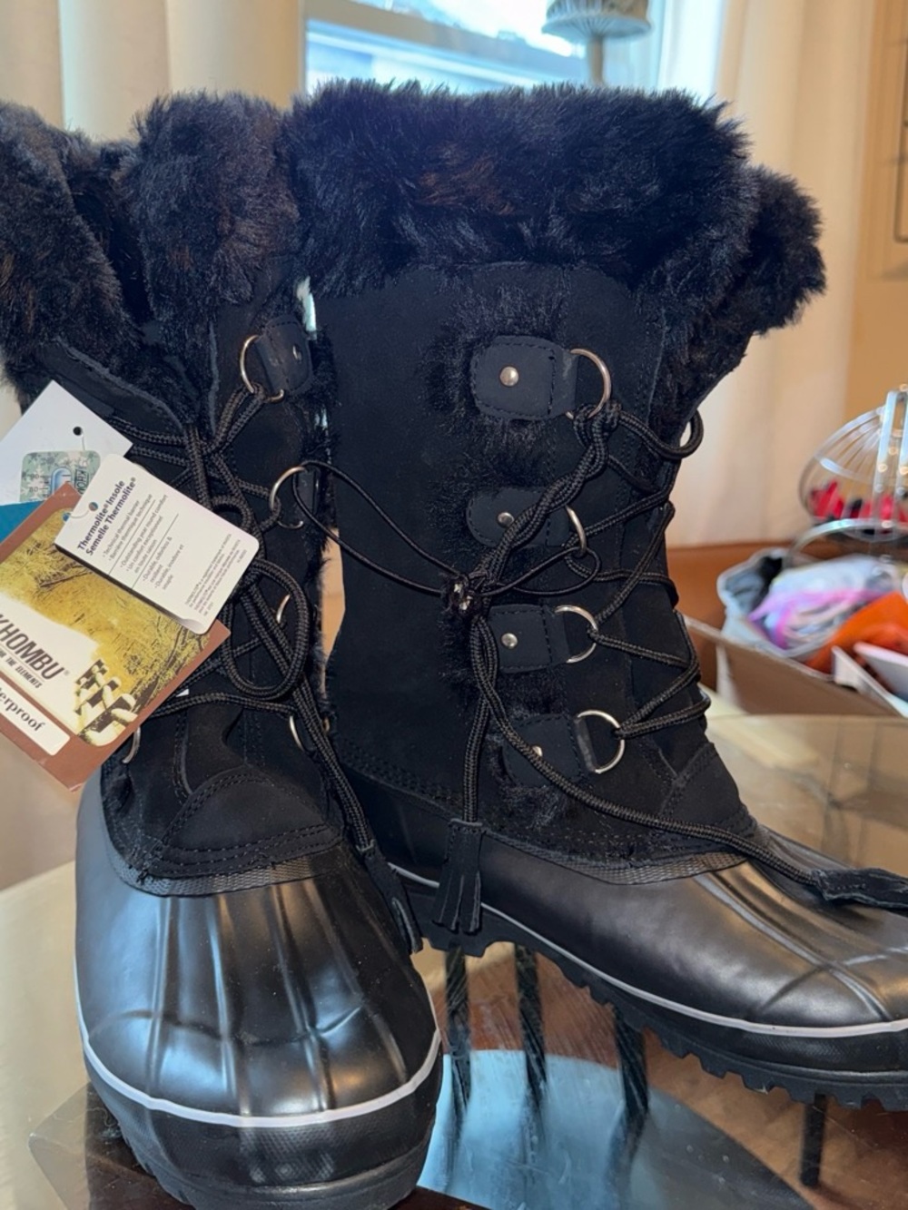 Khombu Black Faux-Fur Lace-Up Women's Winter Boots